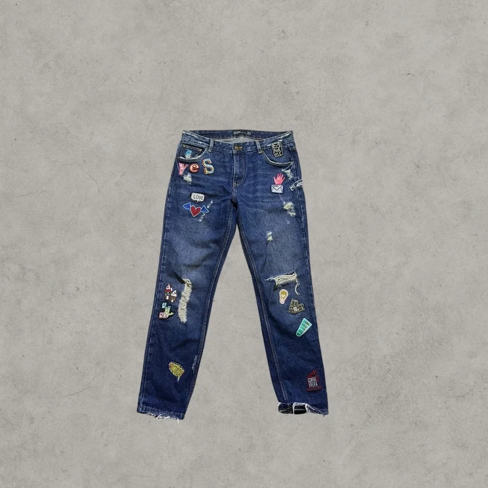 Zara Trafaluc Kids Distressed Patch Jeans Blue Denim Size 4 26 Medium Wash